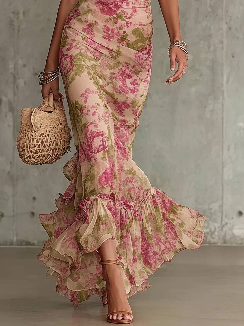 Valeria | Vestido largo romántico con estampado de rosas