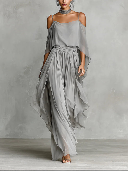 Isabela | Conjunto fluido gris con top de tirantes y pantalón ligero
