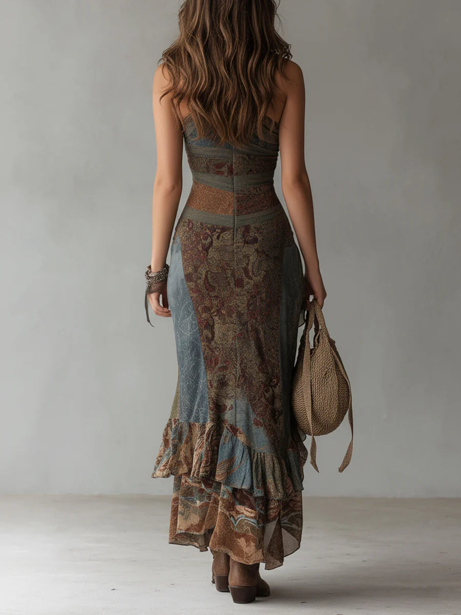 Elena | Vestido largo asimétrico con estampado étnico y abertura lateral