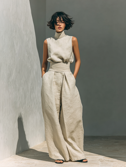 María - Conjunto de camiseta sin mangas y pantalones anchos de algodón y lino, de estilo minimalista, para mujer.