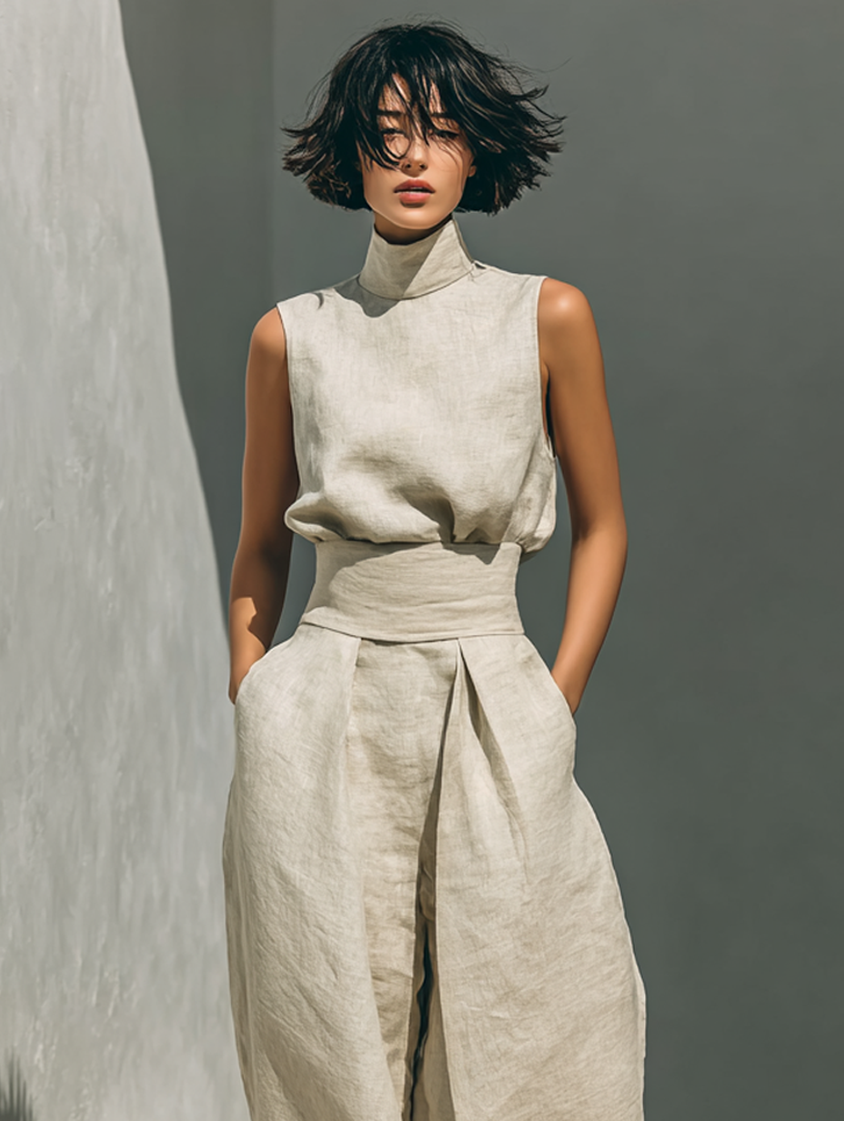 María - Conjunto de camiseta sin mangas y pantalones anchos de algodón y lino, de estilo minimalista, para mujer.