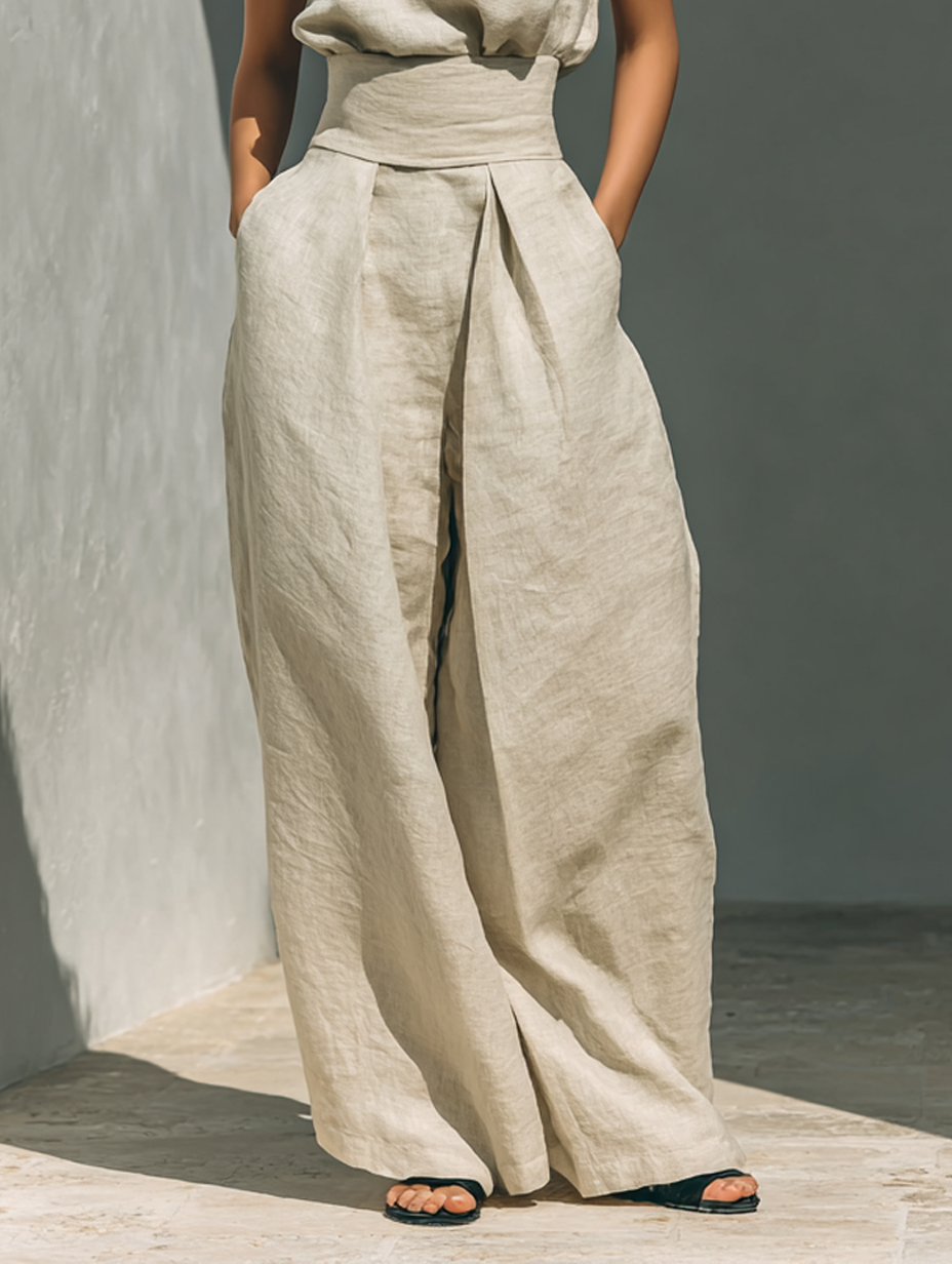 María - Conjunto de camiseta sin mangas y pantalones anchos de algodón y lino, de estilo minimalista, para mujer.