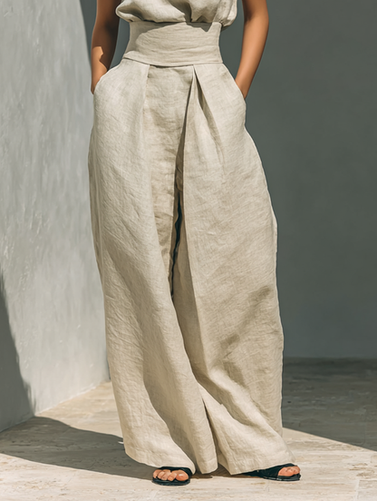 María - Conjunto de camiseta sin mangas y pantalones anchos de algodón y lino, de estilo minimalista, para mujer.