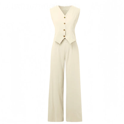 Conjunto de chaleco con cuello en V y pantalones rectos sueltos