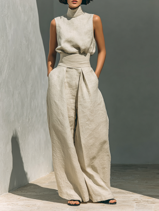 María - Conjunto de camiseta sin mangas y pantalones anchos de algodón y lino, de estilo minimalista, para mujer.