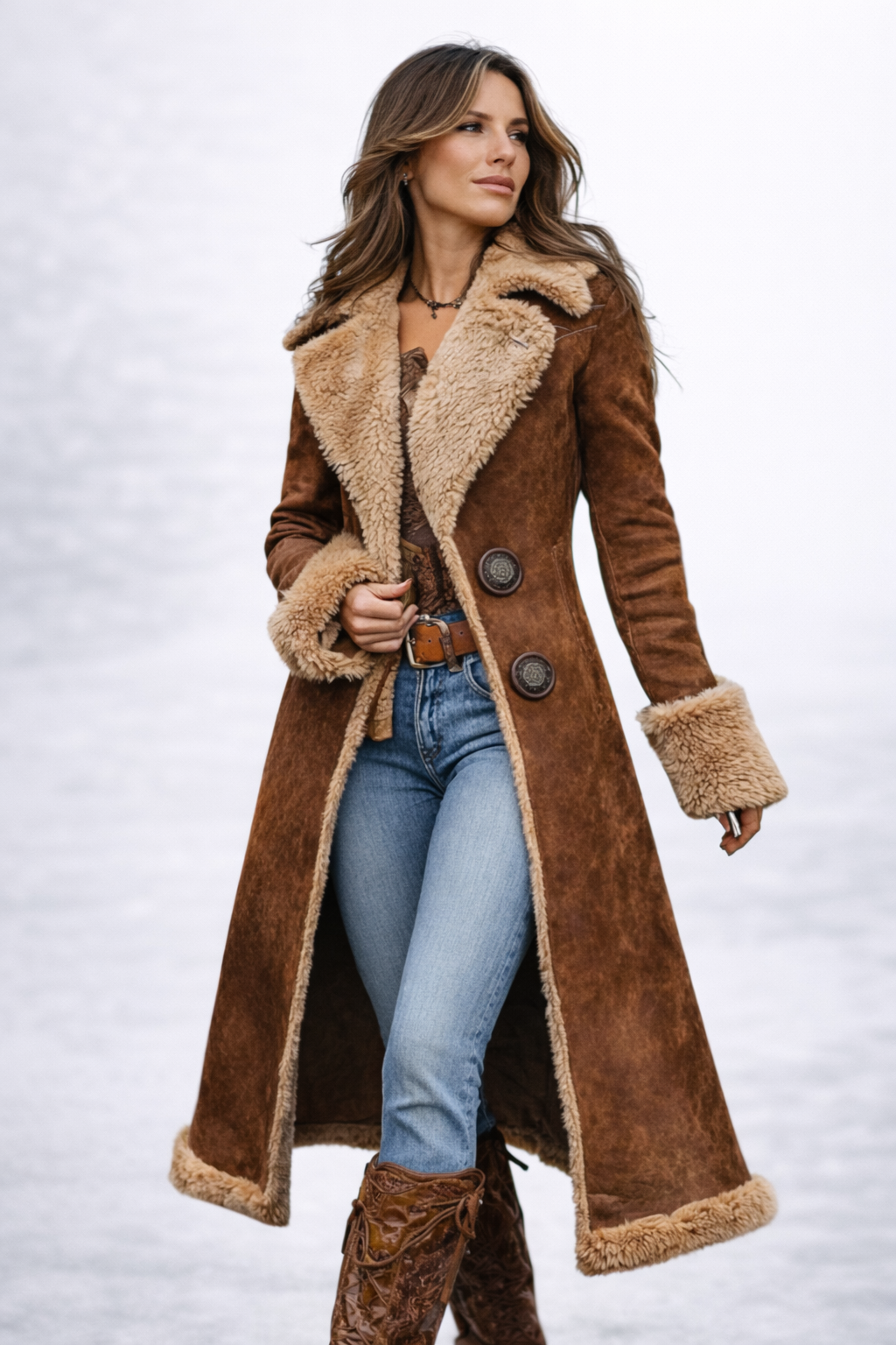 Abrigo Largo de Inspiración Vintage con Pelaje Sintético