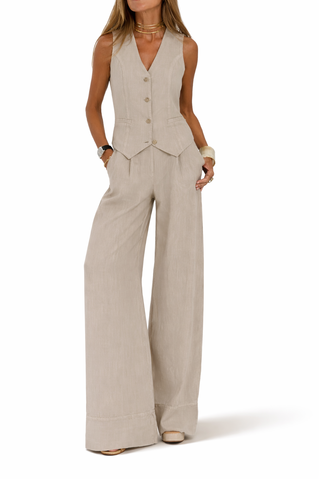 Conjunto de chaleco con cuello en V y pantalones rectos sueltos