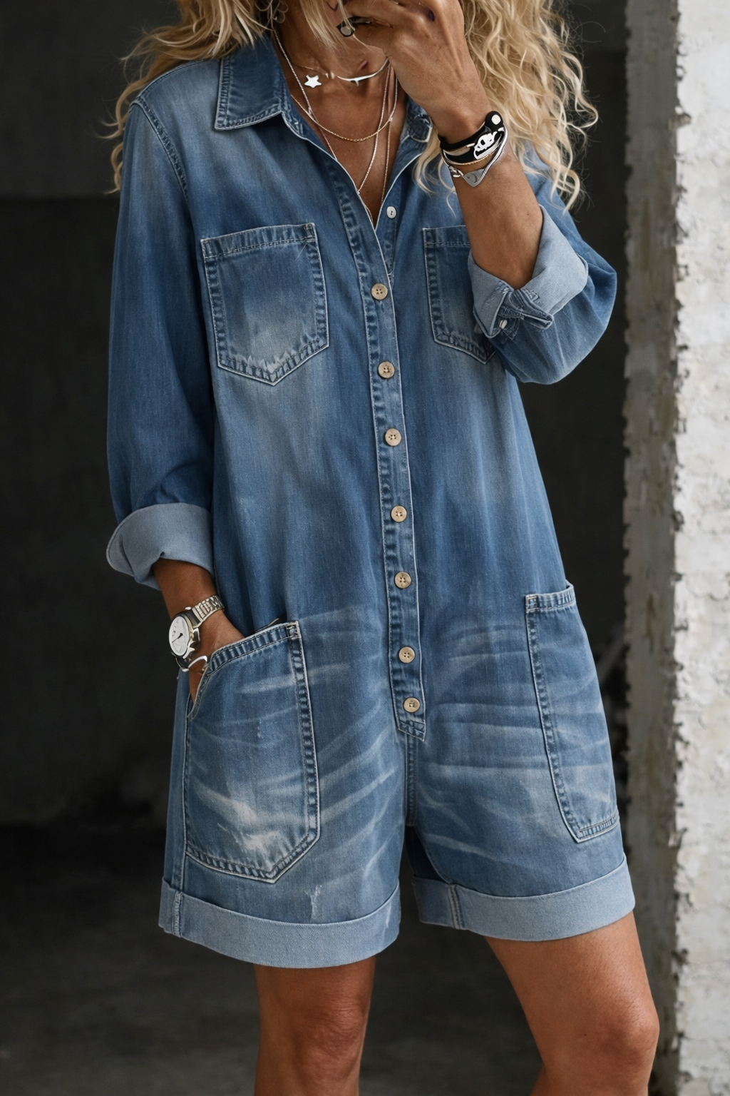 Mono vaquero informal con pantalones cortos