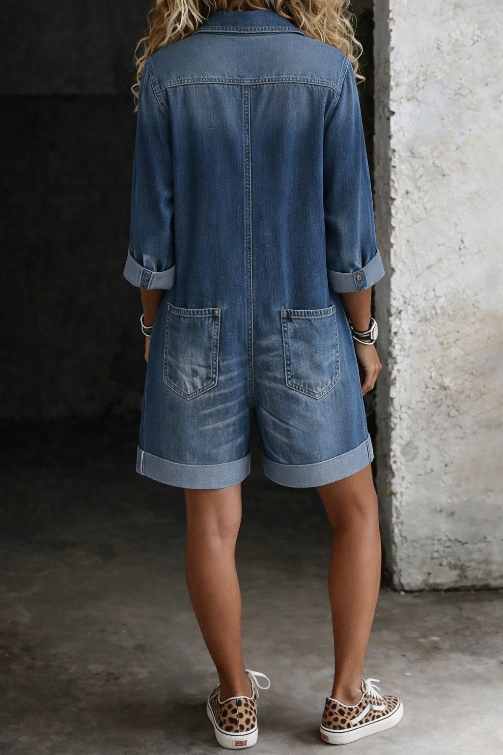 Mono vaquero informal con pantalones cortos