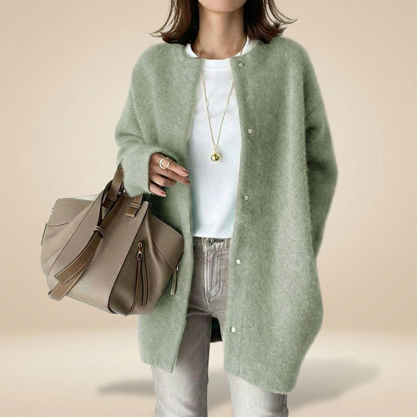 Cárdigan holgado de cuello redondo de color liso