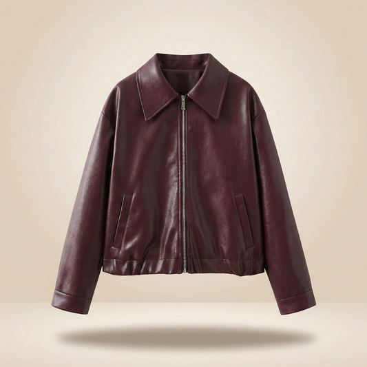Chaqueta de cuero con cremallera de color liso