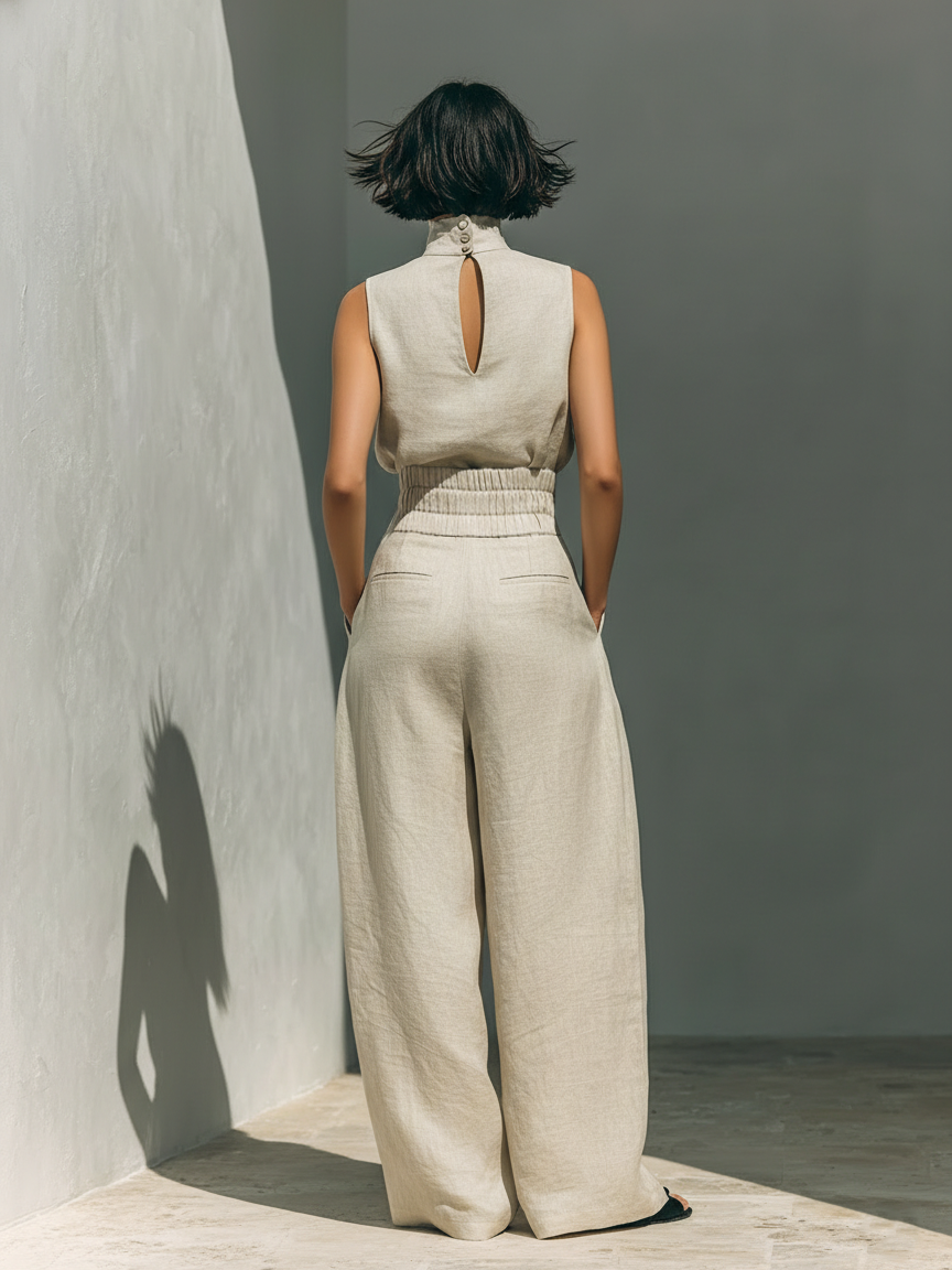 María - Conjunto de camiseta sin mangas y pantalones anchos de algodón y lino, de estilo minimalista, para mujer.