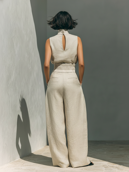 María - Conjunto de camiseta sin mangas y pantalones anchos de algodón y lino, de estilo minimalista, para mujer.