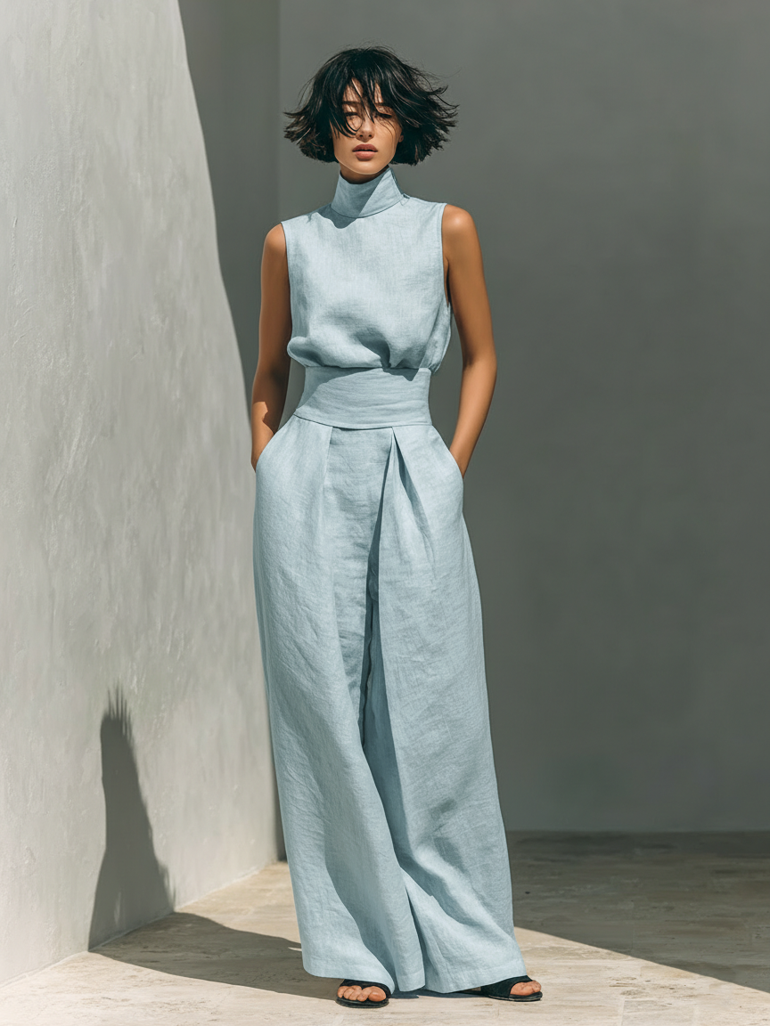 María - Conjunto de camiseta sin mangas y pantalones anchos de algodón y lino, de estilo minimalista, para mujer.