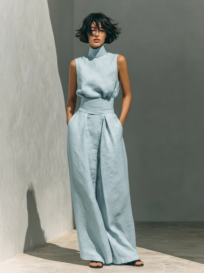 María - Conjunto de camiseta sin mangas y pantalones anchos de algodón y lino, de estilo minimalista, para mujer.