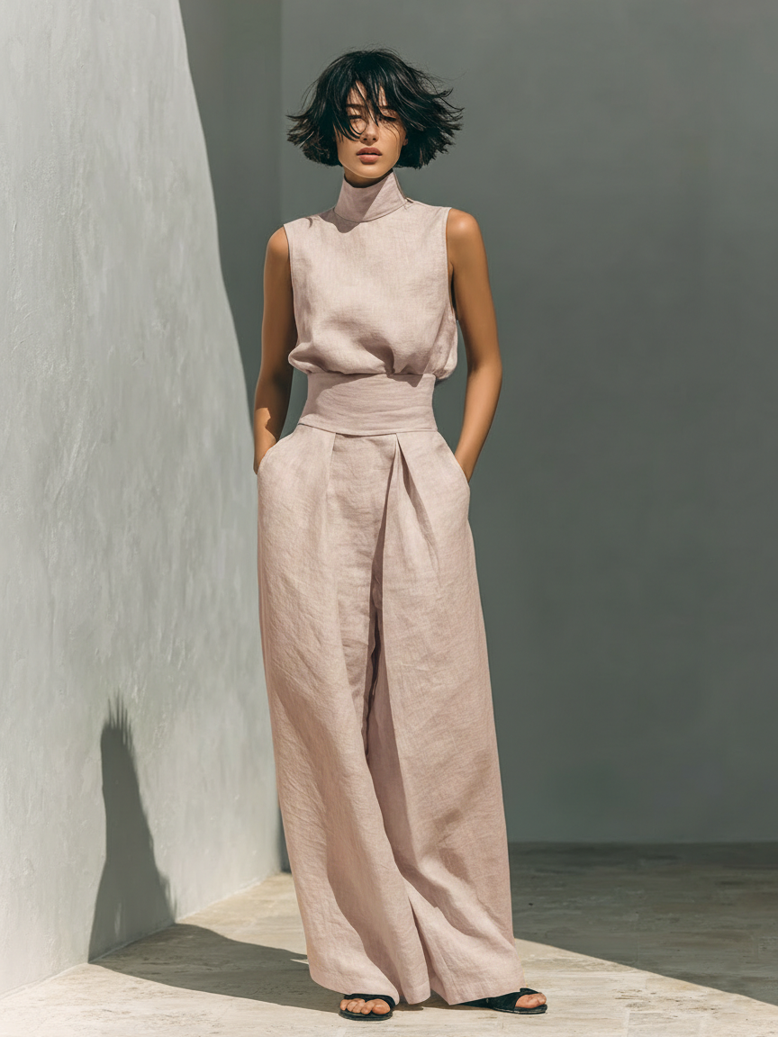 María - Conjunto de camiseta sin mangas y pantalones anchos de algodón y lino, de estilo minimalista, para mujer.