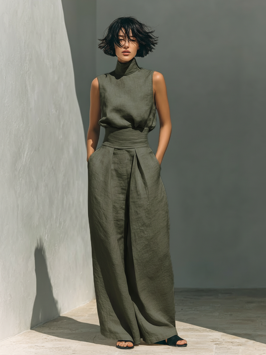 María - Conjunto de camiseta sin mangas y pantalones anchos de algodón y lino, de estilo minimalista, para mujer.