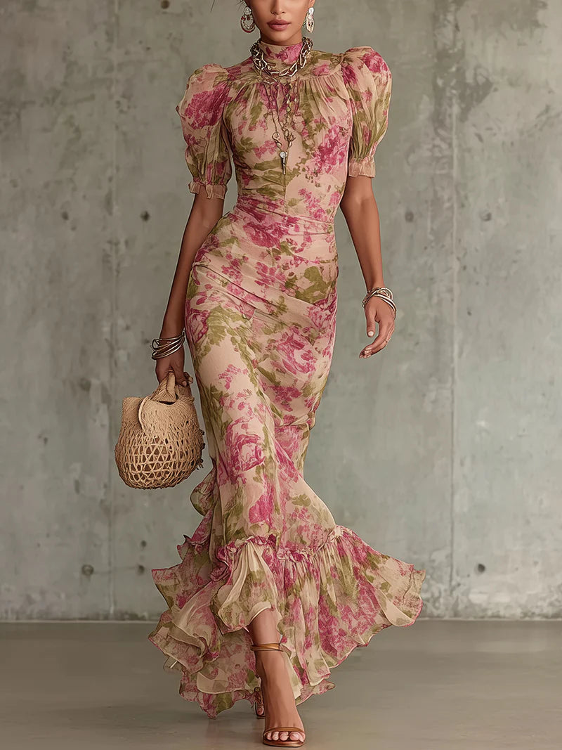 Valeria | Vestido largo romántico con estampado de rosas