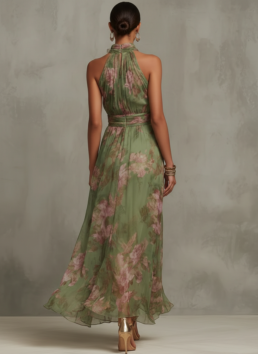 Claudia | Vestido largo florar en chiffon con escote halter