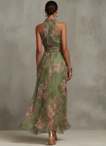Claudia | Vestido largo florar en chiffon con escote halter