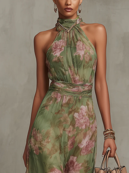Claudia | Vestido largo florar en chiffon con escote halter