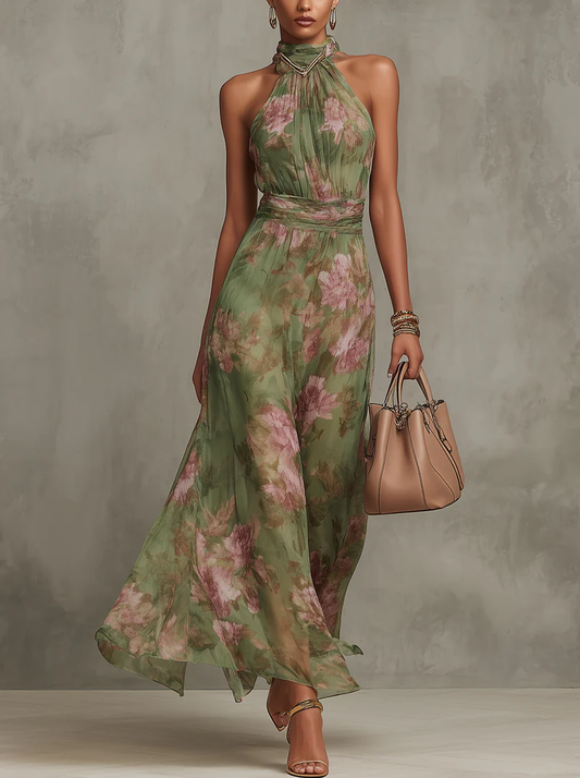 Claudia | Vestido largo florar en chiffon con escote halter
