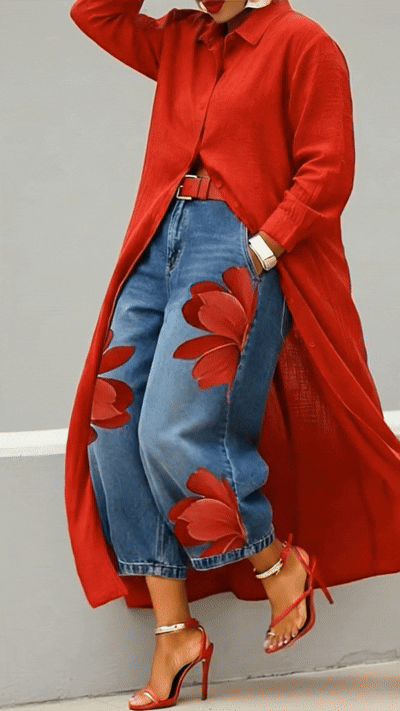 Conjunto Red Flower vaqueros + camisa