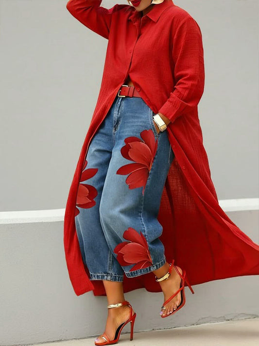 Conjunto Red Flower vaqueros + camisa