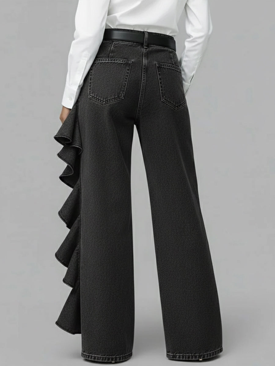 PANTALÓN VAQUERO WIDE LEG CON VOLANTE ASIMÉTRICO