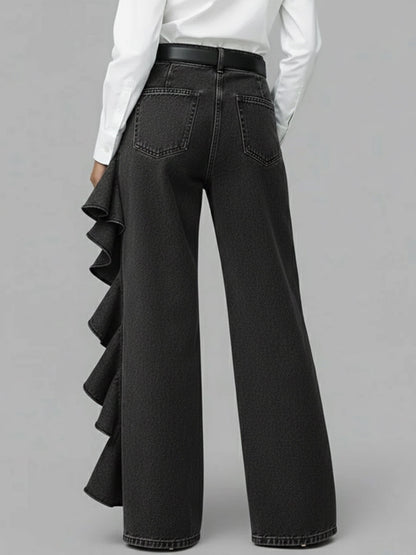 PANTALÓN VAQUERO WIDE LEG CON VOLANTE ASIMÉTRICO