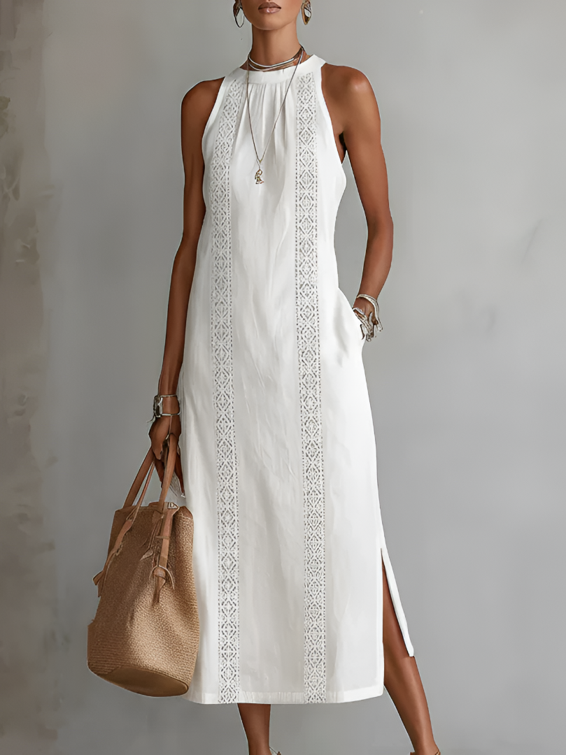 Bianca | Vestido midi de lino con cuello mao