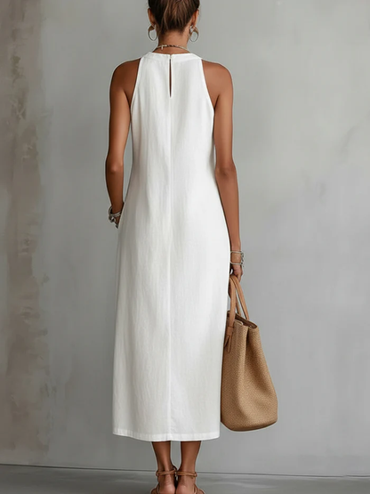 Bianca | Vestido midi de lino con cuello mao