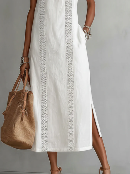 Bianca | Vestido midi de lino con cuello mao