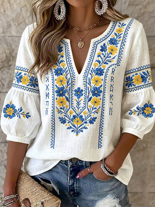 Blusa con estampado floral sueco de San Juan y escote en V